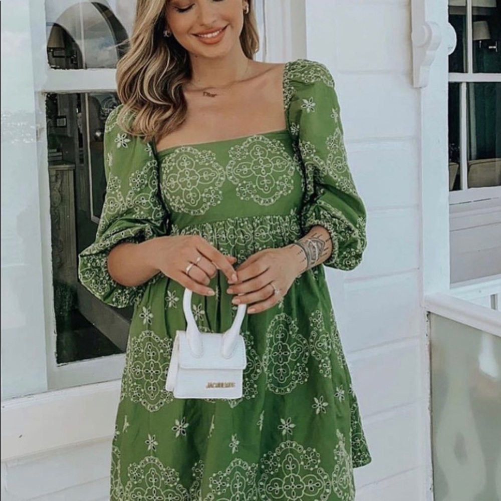 ZARA OPENWORK EMBROIDERED DRESS PUFF SLEEVES Green - Picture 7 of 11